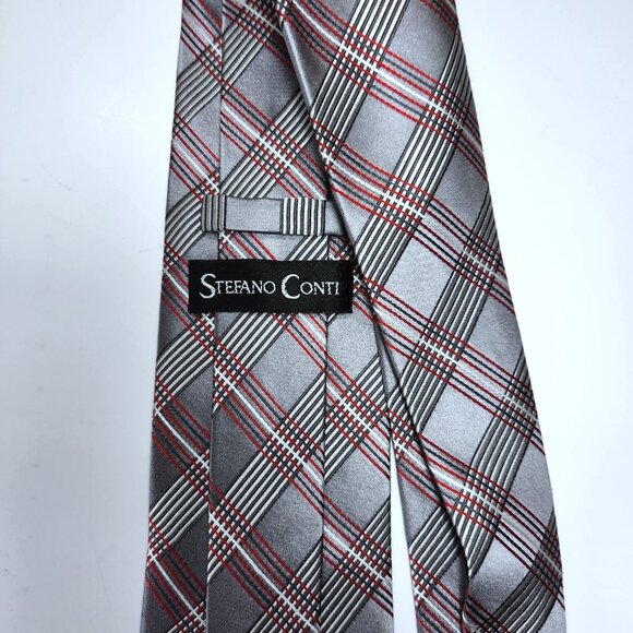 Stefano Conti Necktie Men's 100% Silk Tie 100% Italian Silk Tie Grey Red White - Picture 4 of 5